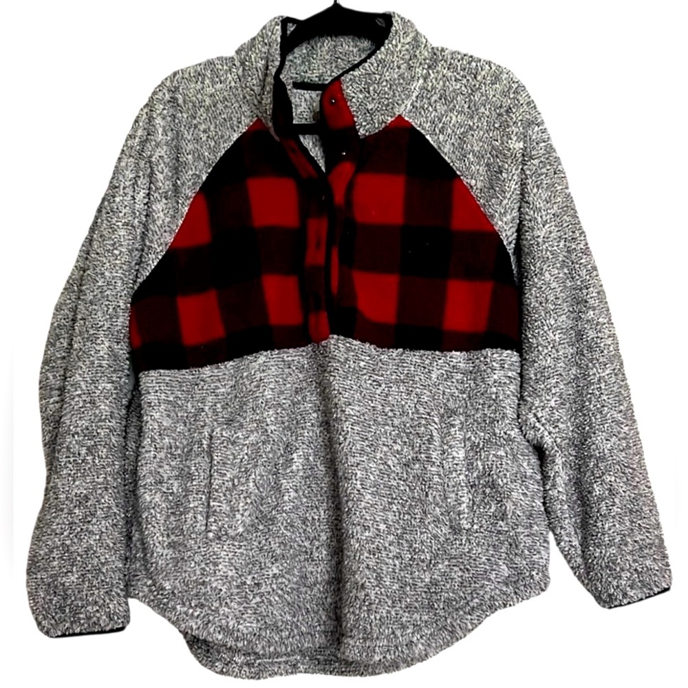 MAURICES Black/Gray/White w/ Buffalo Plaid 3/4 Fleece Pullover, Size XL, GUC.